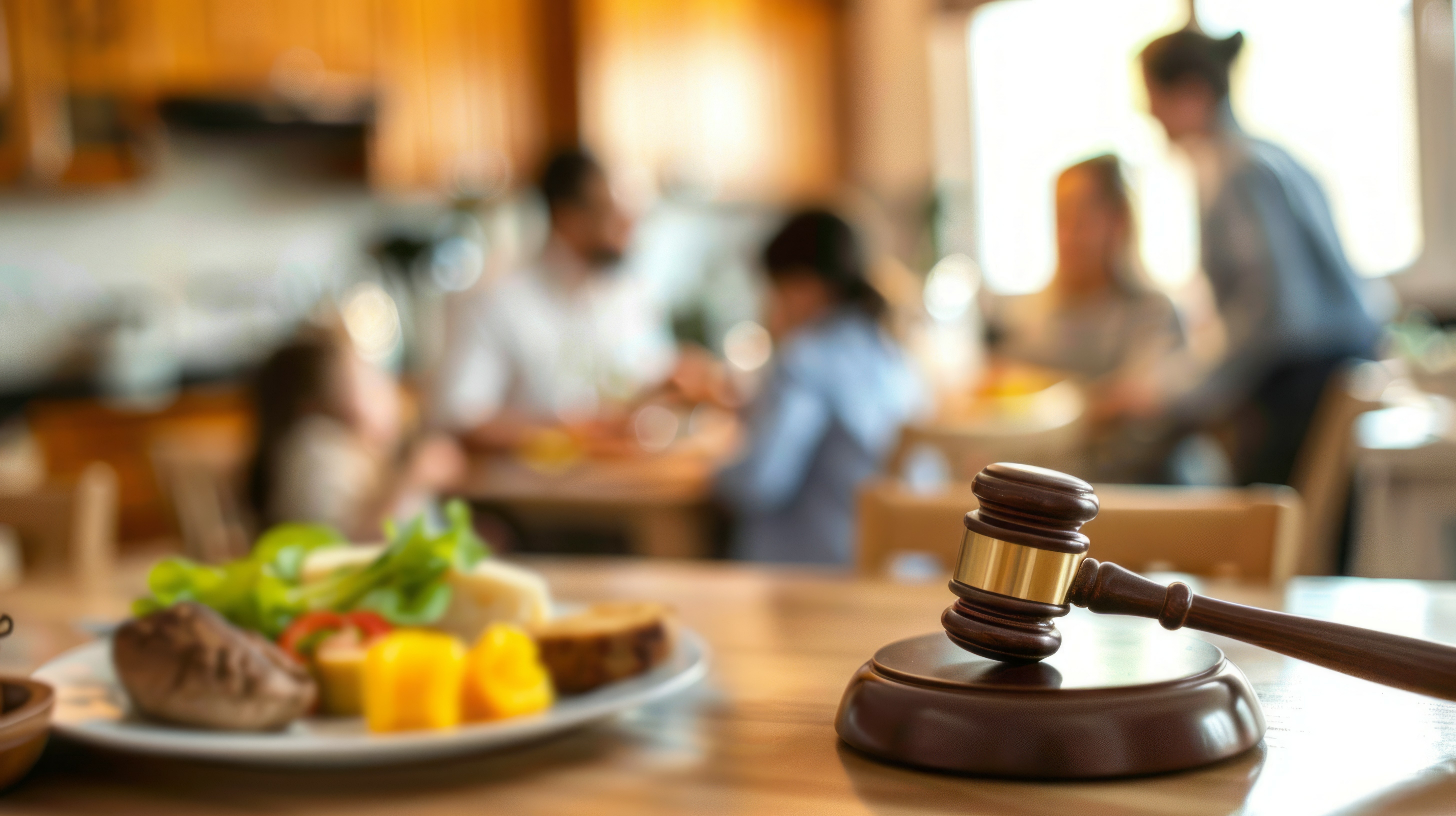 Gavel family dinner conflict legal dispute. Blurred family eating dinner with a gavel in the foreground, suggesting conflict