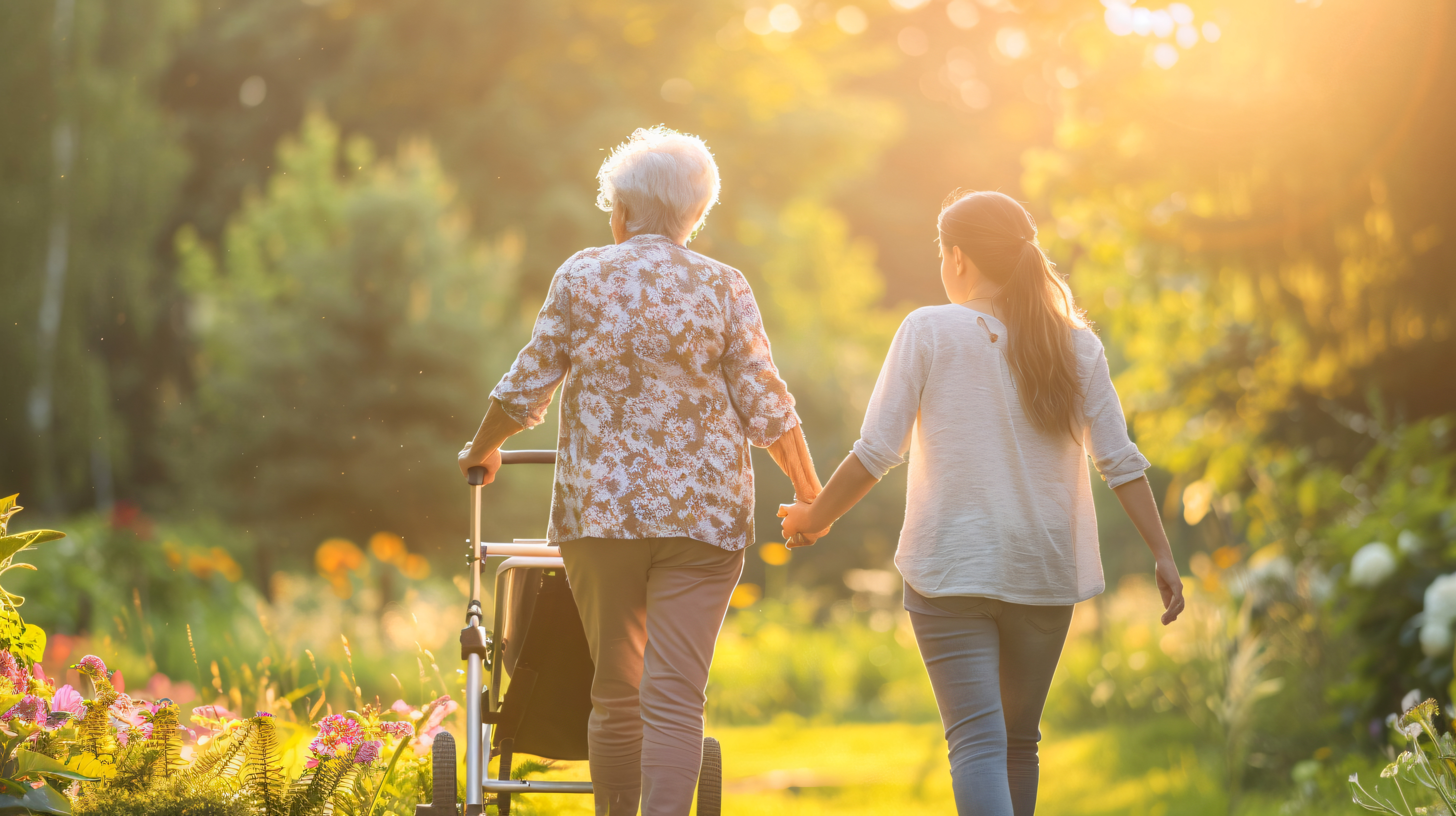 Elderly woman and caretaker taking a tranquil stroll in a sunny garden