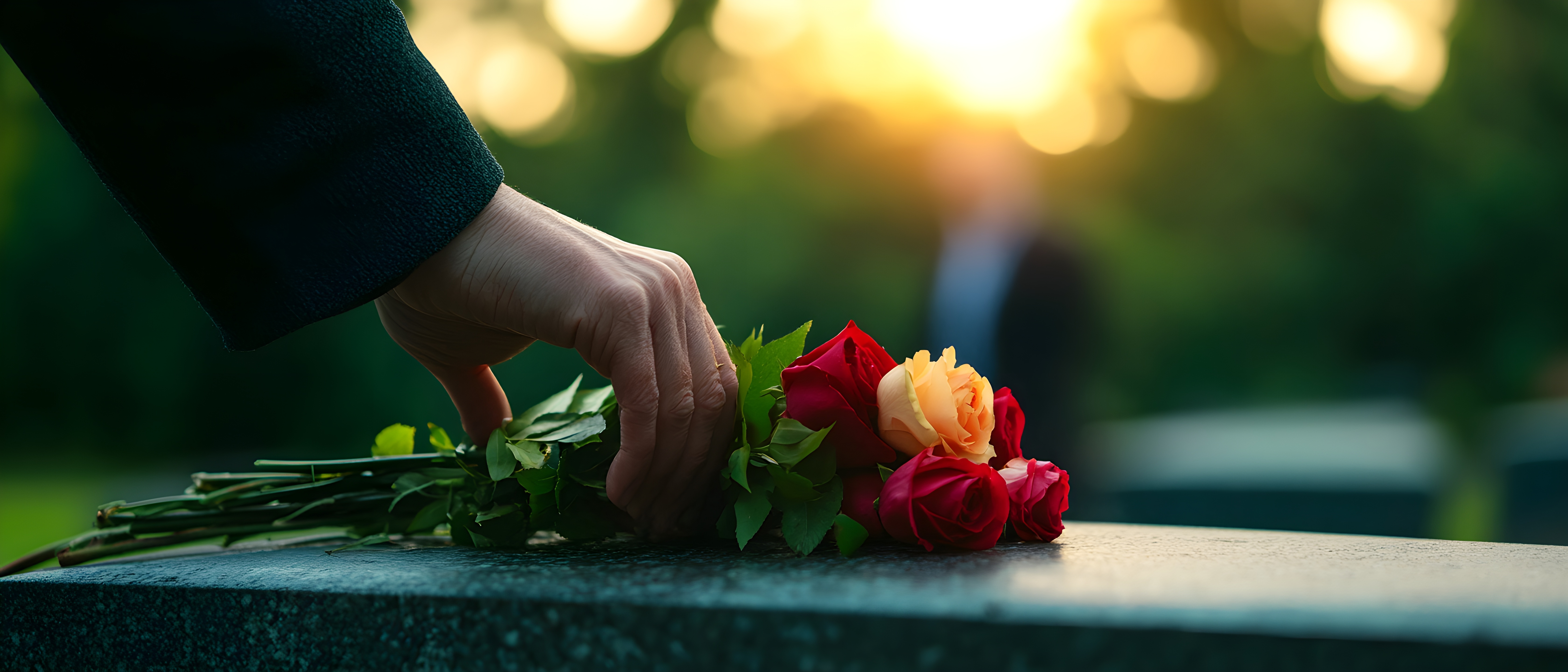 a hand placing colorful roses on a memorial stone during sunset