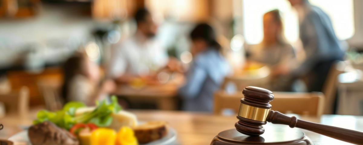 Gavel family dinner conflict legal dispute. Blurred family eating dinner with a gavel in the foreground, suggesting conflict.